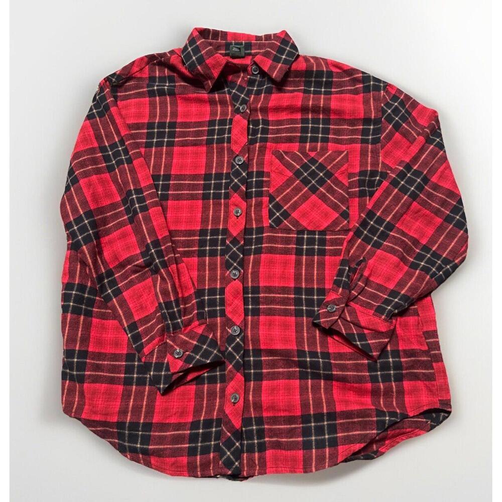 Women’s Red Plaid Wild Fable Flannel Button‎ Down Oversized Shirt Size XS